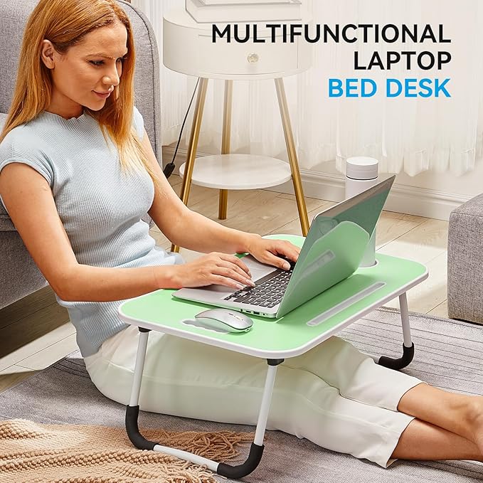 BUYIFY Folding Lap Desk, 23 Inch Portable Wood Green Laptop Bed Desk Lap Desk with Cup Holder, for Working Reading Writing, Eating, Watching Movies for Bed Sofa Couch Floor