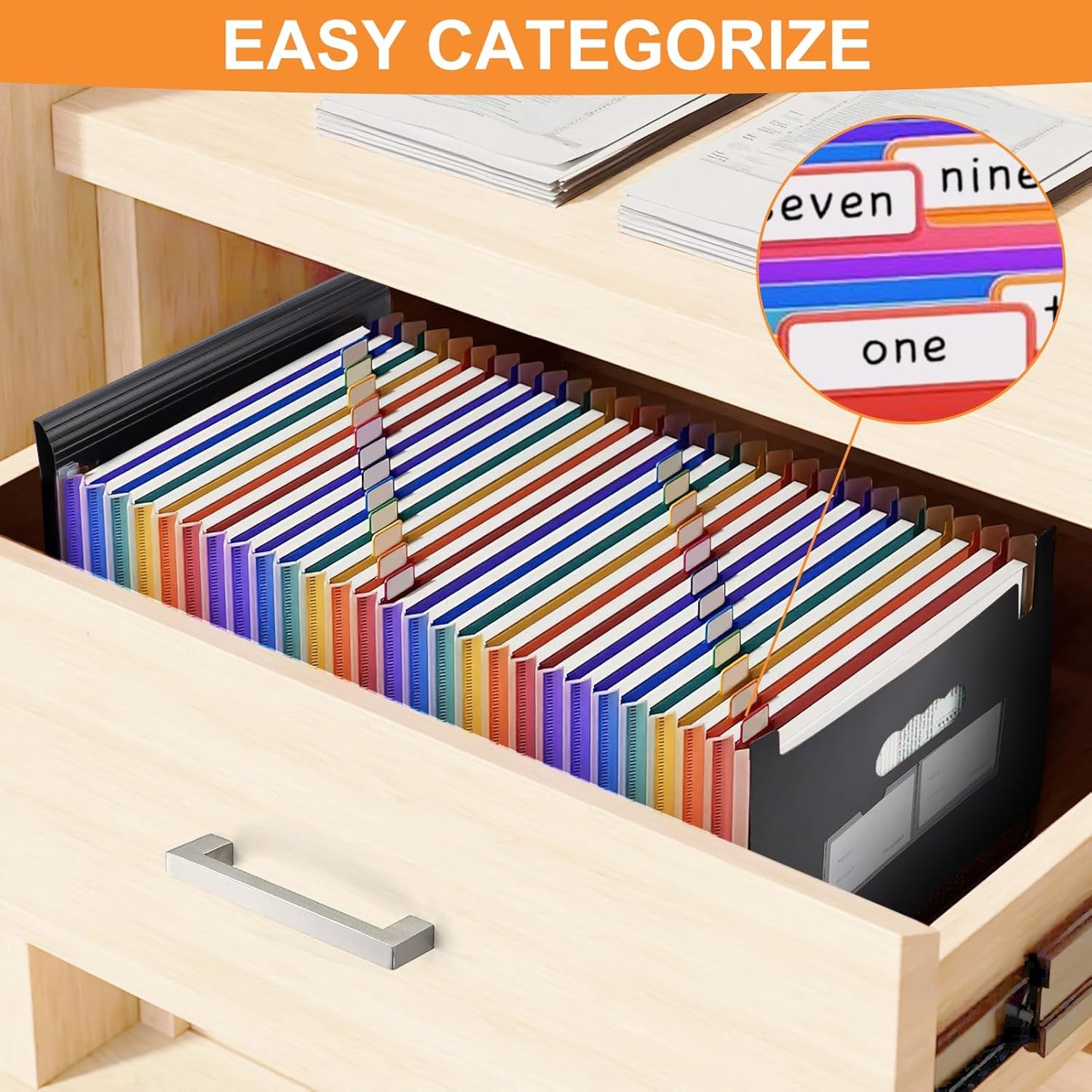 Accordion File Organizer, 24 Pockets Expanding File Folders, Portable Letter A4 Size Filing Box with Colored Labels and Expandable Cover, Monthly Bill Receipt Documents Organizer Black