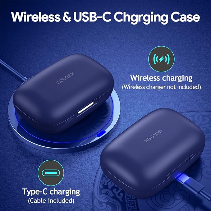 GOLREX Noise Cancelling Ear Buds Wireless Earbuds Bluetooth Headphones with 80H Playtime, Dual LED Display, Wireless Charging Case, Over-Ear Hooks Earphones for Sports Running Gym Workout Blue