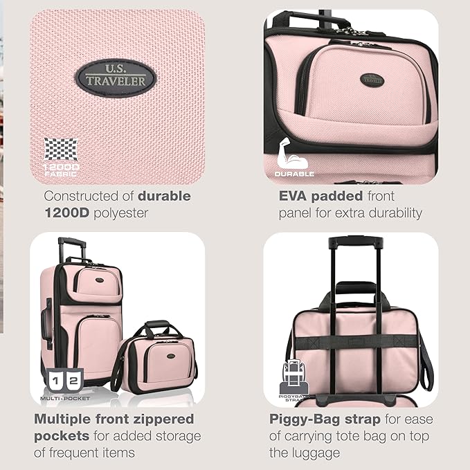 U.S. Traveler Rio Fabric Expandable Carry-on Luggage, Rolling Suitcase, Pink, 2 Wheel Set