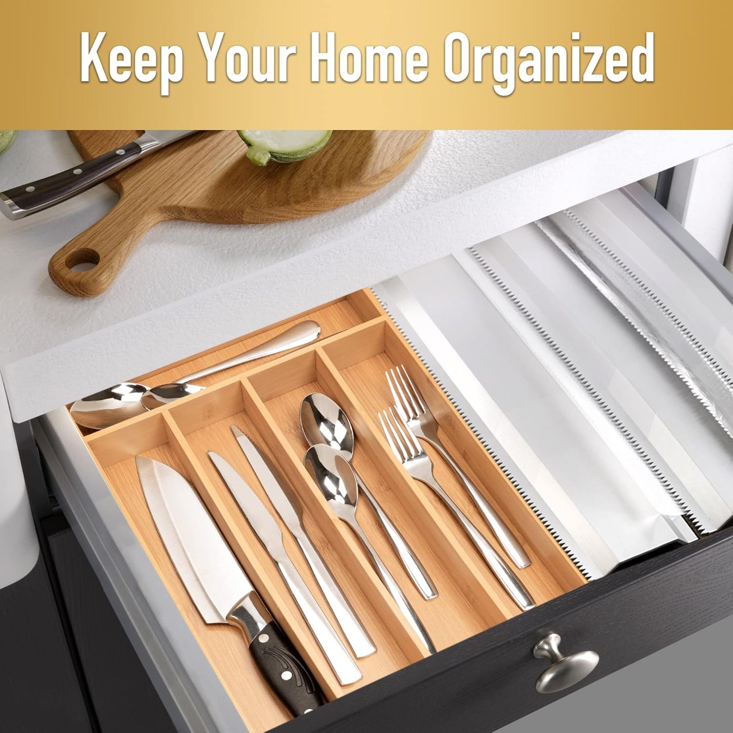Silverware Organizer Bamboo Kitchen Drawer Organizer Utensil Organizer Silverware Holder Cutlery Organizer in drawer Flatware Organizer Tray (Natural 5 Slots)