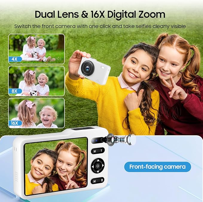 Digital Camera, 64MP Dual Lens Autofocus Point and Shoot Digital Camera, 16x Zoom Vlogging Camera with 2 Batteries, Portable Rechargeable Small Camera for Kids Teens (White)