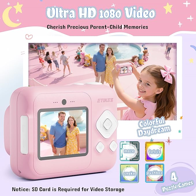 Kids Camera, 1080P Instant Digital Print Camera for Kids, Christmas Birthday Gifts for 4 5 6 7 8 9 10 Year Old Girls Boys, Portable Toy with 32GB SD Card & 3 Rolls Printing Paper, 1 Count, Pink