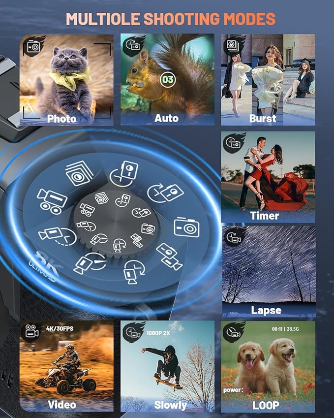 8K 64MP Digital Camera for Photography, Vlogging Camera with Autofocus, WiFi, 4Inch Touchscreen, 16X Digital Zoom, 3000mAh Battery, Dual-Lens, Lens Hood, 32GB TF Card and Flash,Black