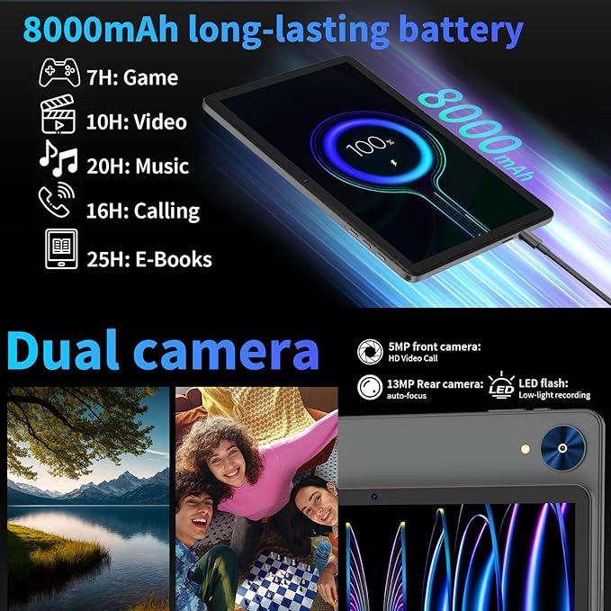 Android 15 Tablet with Keyboard, 26GB+256GB(2TB Expand), 10.1 Inch Tablet 8000 mAh Battery, BT 5.0, 5G WiFi, Widevine L1, Dual Camera, 2 in 1 Tab with Mouse, Case, Stylus（Silver）