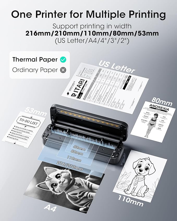 Itari Portable Printer for Travel with Case and 4 Rolls Paper, Inkless Thermal Printer, Support 8.5" x 11" A4 & US Letter, Wireless Compatible with iPhone, Android, Laptop, Black