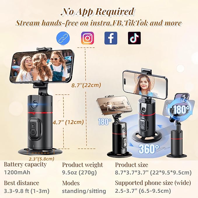 Auto Face Tracking Tripod, 360° Rotation Face Body Tracking Phone Holder, Rechargeable Smartphone Camera Mount Remote & Gesture Control with Adjustable Selfie Stick Tripod Stand for Phone Camera GoPro