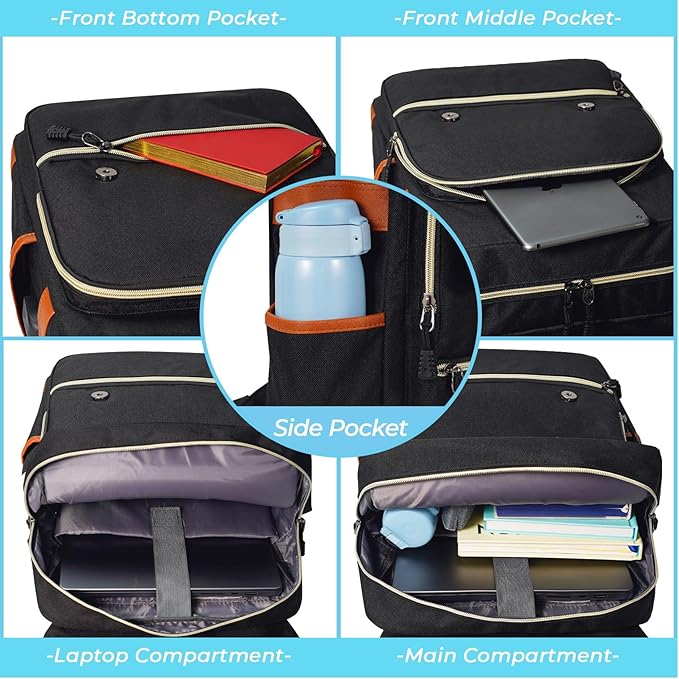 Ronyes Vintage Laptop Backpack for Women Men,15.6 inch Bookbag Casual Daypack with USB Charging Port for College Work, Black Backpacks