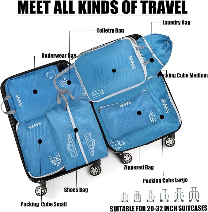 8 Set Expandable Compression Packing Cubes for Suitcases Travel Essentials Carry On Waterproof Storage Bag With Dry And Wet Separation Blue