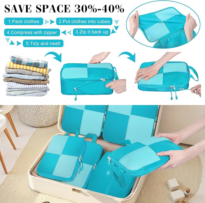 8 Set Compression Packing Cubes for Travel, Expandable Waterproof Travel Organizer, Lightweight Luggage Organizer with Shoes & Laundry Bags, Travel Accessories for Men Women, Turquoise