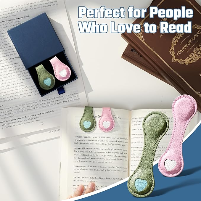 2Pcs Magnetic Leather Bookmarks with Gift Box, Magnetic Pen Holder Book Marks Clip Gift for Book Lover Readers Men Women Teachers Students, Heart (Pink+Green)