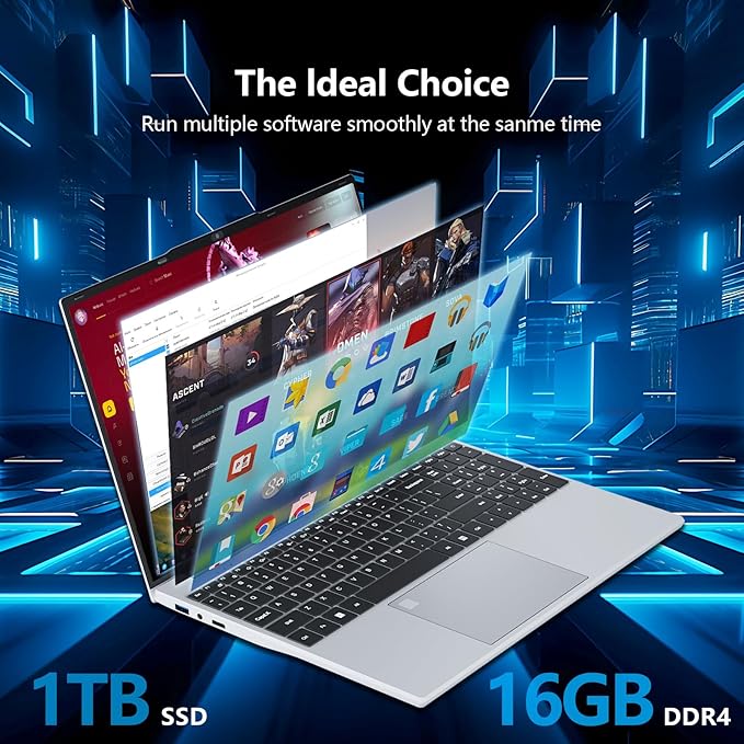 2025 Laptop, 15.6" Laptop Computer with 16GB DDR4 1TB SSD, N5095 Quad-Core up to 2.9GHz, Portable Laptop with Backlit Keyboard, Fingerprint, FHD 1920 * 1200, WiFi5, BT4.2, Win 11 Pro