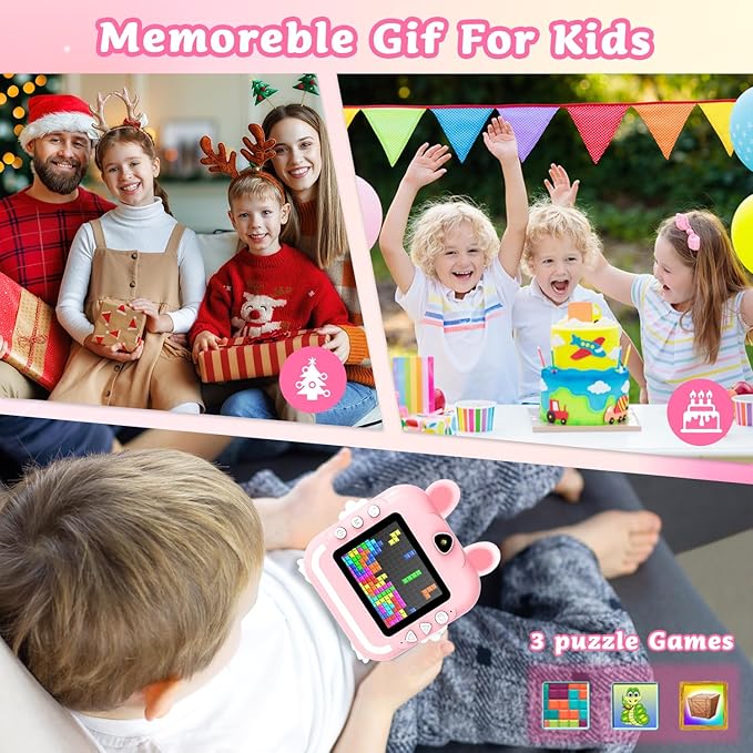 Kids Camera Instant Print Girls Boys, 2,4" HD 1080P, 32GB Card, with Photo Paper and Colored Pens, Instant Camera Holiday Birthday Gifts, Printable Toddler Portable Travel Print Toy (Pink)