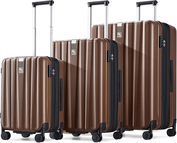 Hanke Expandable Hardshell Luggage Sets 3 piece Carry On Luggage with Wheels Suitcases Lightweight Checked Tsa Luggage Rolling Large Suitcase Travel Luggage Bag Woman Men 20/24/29 Inch(Brown)