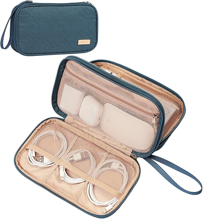 NISHEL Travel Cord Organizer Case, Double Layers Tech Electronic Bag, Essentials for Charger, Cable, Phone, Flash drive,Lake-Blue