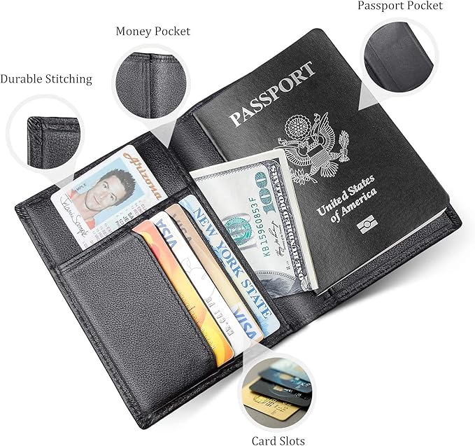 Polare Men's Slim RFID Blocking Leather Passport Holder Travel Bifold Wallet (Black)