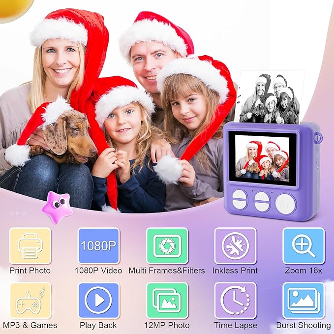 Kids Instant Print Camera - Christmas Birthday Gifts for Girls Boys, Instant Cameras That Print Photos for 4 5 6 7 8 9 10 Year Old Girl Birthday Gift with 32GB SD Card
