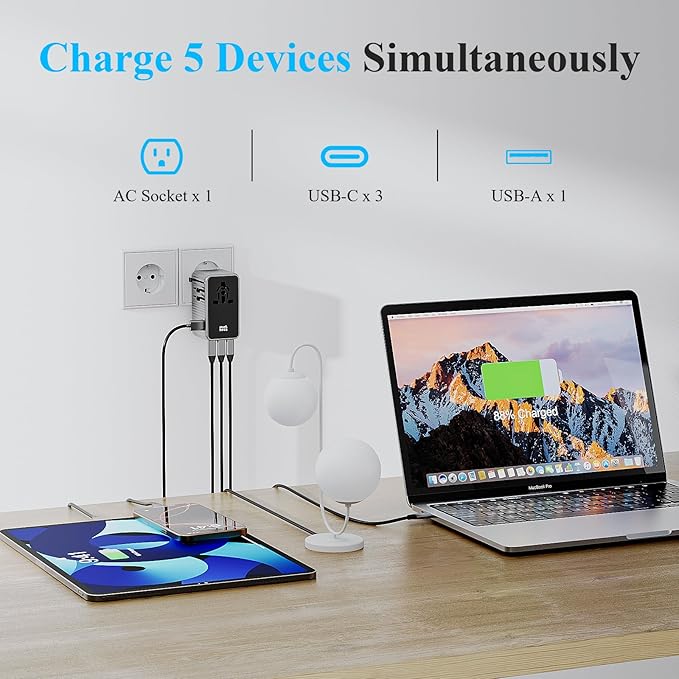 Minthouz Universal Travel Adapter, International 140W Power Adapter GaN PD Fast Charger with 3 USB-C PD & 1 USB-A Port, All-in-One Portable AC Worldwide Power Converter Plug for USA EU UK AUS and More