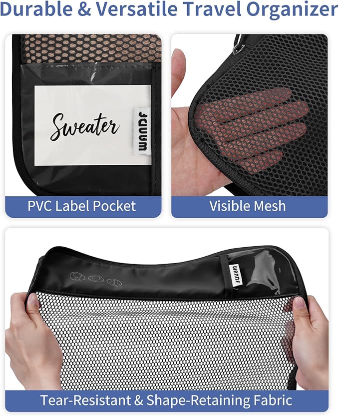 WANDF 7 Set Compression Packing Cubes for Travel, Shirt Folder for Wrinkle-Free, Suitcase Organizer Bags Set for Carry-On Checked Luggage Duffle Bag Women Men(Black)