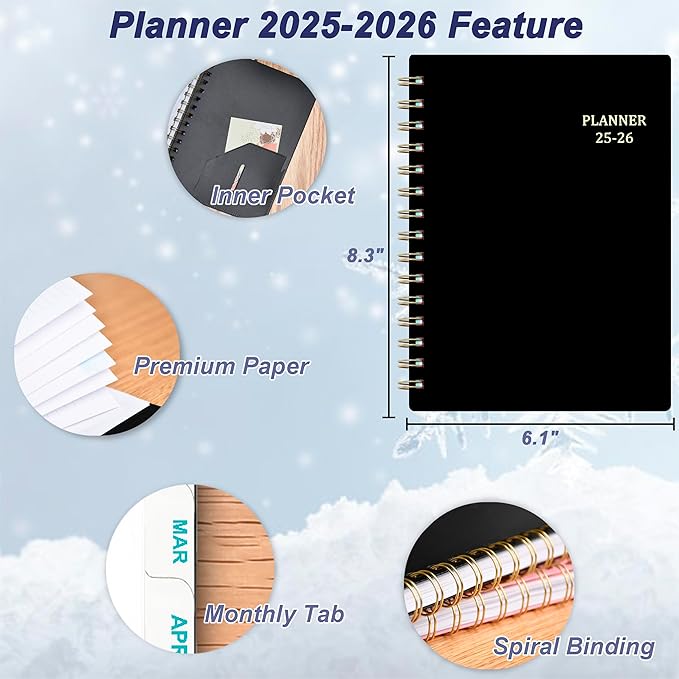 Daily Planner 2025-2026, 6.1" x 8.3", Jul.2025-Jun.2026, 2025 Planner Weekly and Monthly, Calendar 2025 with Tabs & Pocket, 100GSM Thick Paper, Black