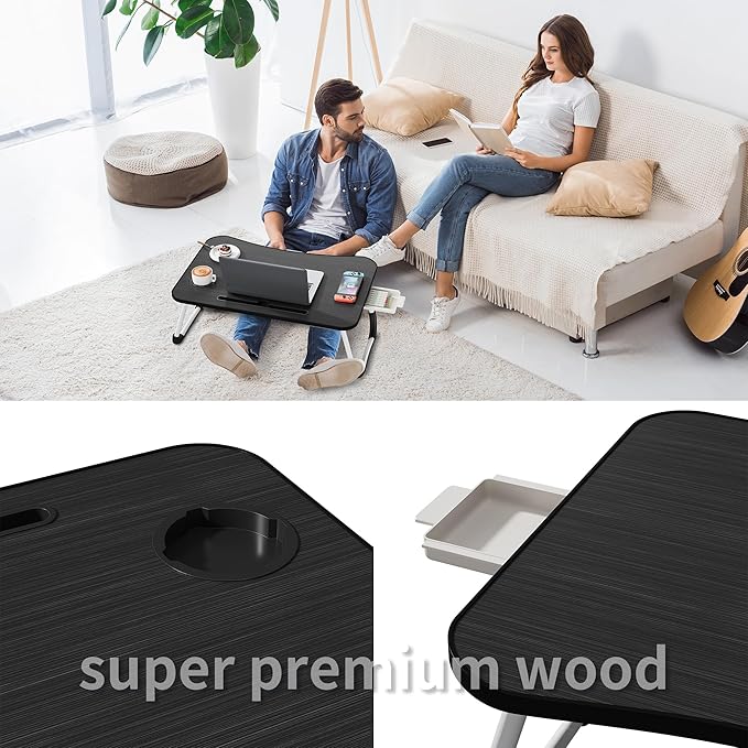 Lap Desk Bed Trays for Eating and Laptops Breakfast in Bed Tray for Sofa/Couch/Study/Reading/Writing with Cup Holder/Drawer On Low Sitting Floor Large Portable Foldable (Black)