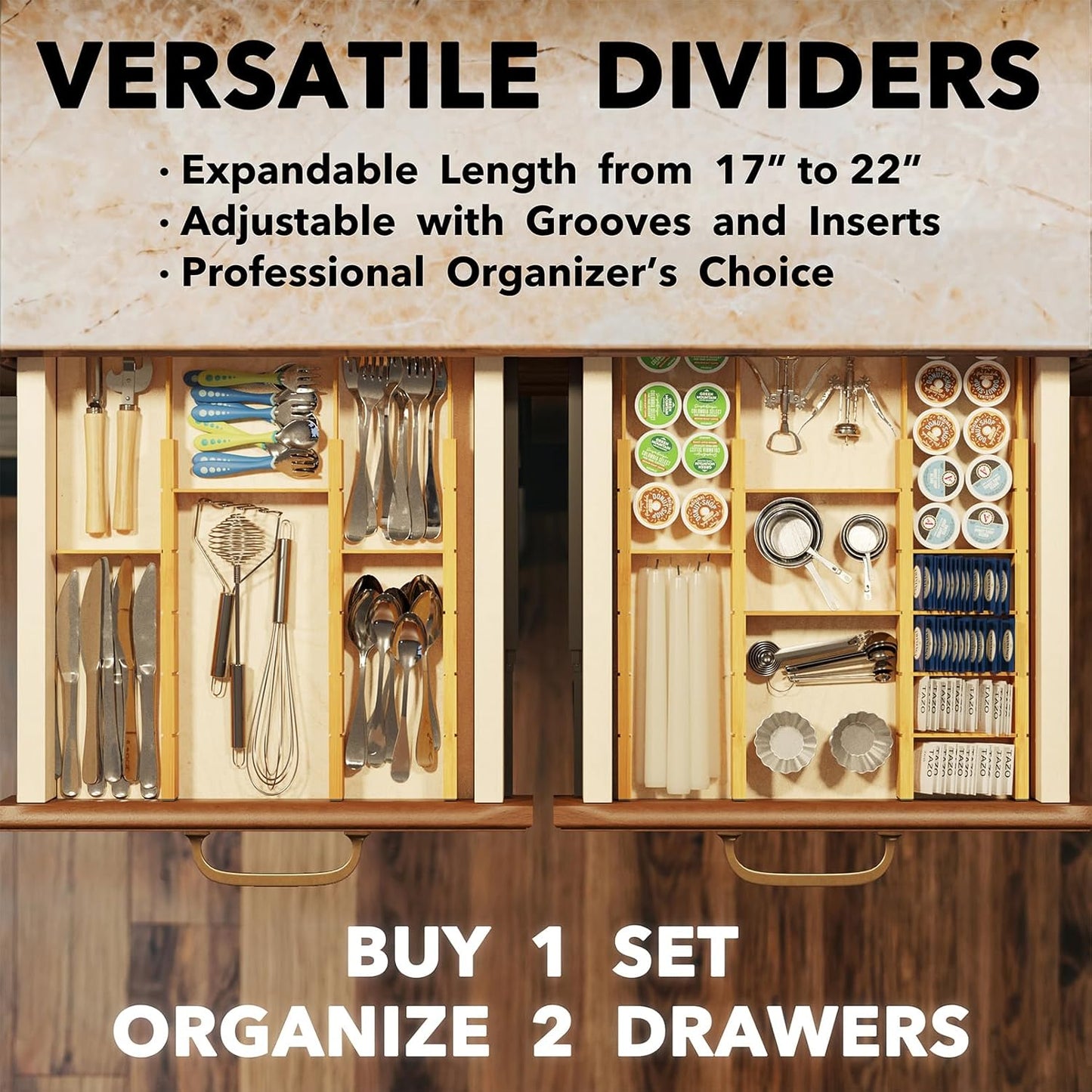 SpaceAid Bamboo Drawer Dividers with Inserts and Labels, Kitchen Adjustable Drawer Organizers, Expandable Organization for Home, Office, Dressers, 7 Dividers with 15 Inserts (17"-22" Natural)