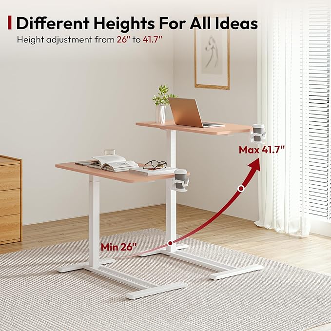 SANODESK Medical Adjustable Overbed Bedside Table with Hidden Casters, Pneumatic Mobile Laptop Computer Standing Desk Cart with Tray, Hospital and Home Use(27.6" W x 15.7" D, Pink)