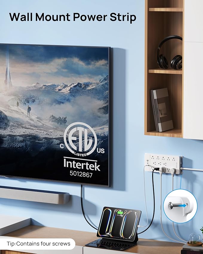 TROND 360° Rotating Flat Plug, Surge Protector Power Strip, 13AC Widely Spaced Outlets Expansion with 3 USB C Ports, 4000J, 5ft Extension Cord Heavy Duty, Wall Mount, Under Desk, ETL Listed, White