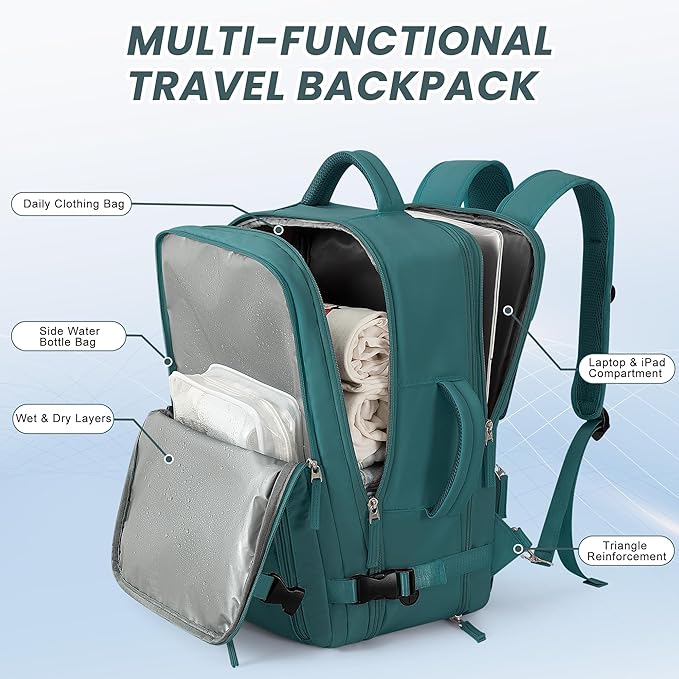 Beraliy Extra Large Travel Backpack for Women as Person Item Flight Approved, 40L Carry On Backpack, 17.3 Inch Laptop Backpack, Waterproof Backpack, Hiking Backpack, Casual Bag,Peacock Blue