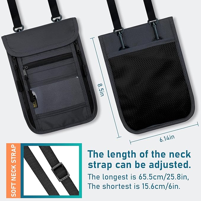 sundee Travel Neck Wallet with Double Zippers, RFID Blocking Passport Holder with Adjustable Neck Strap to Keep Cash, Credit Cards and Travel Documents Safe - Dark Gray