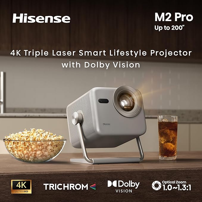 Hisense M2 Pro, Triple Laser Smart Portable Lifestyle Projector, 4K UHD, 65” – 200”, 1,300 Lumens, Dolby Vision,Optical Zoom, Intelligent Screen Adjustments, Vidaa OS, Netflix Included (2025 Model)
