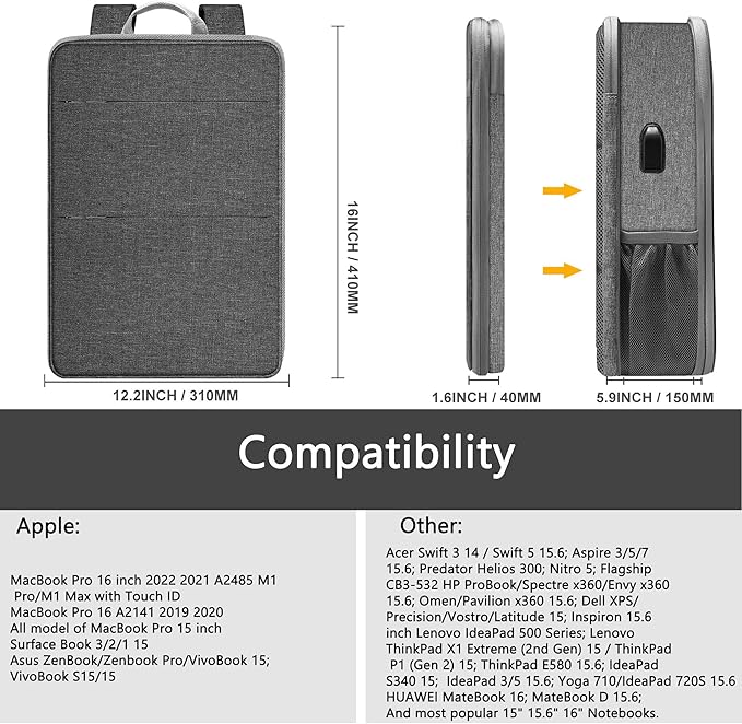 ZINZ Slim & Expandable Laptop Backpack 15 15.6 16 Inch Sleeve with USB Port, Spill-Resistant Notebooks Bag Case for Most 14-16 Inch MacBooks Surface-Books Dell HP Lenovo Asus Computers,D01G02