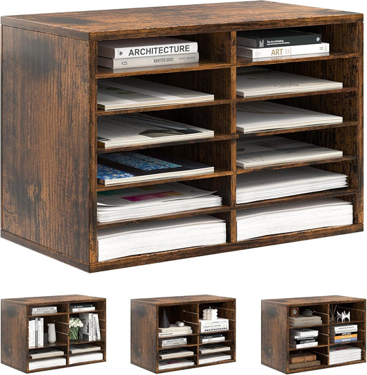 Mail Organizer Countertop, 12 Slots Wooden Desk File Literature Sorter, Adjustable Paper Storage Shelves Document Holder, Space Saving Desktop Mailbox for Office Classroom, Rustic Brown