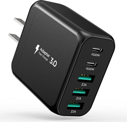 USB C Charger Block, Type C Charger Fast Charging,Total 50W 5-Port USB Wall Charger Multiport Type C Charging Block Cube for iPhone 17/16/15/14/13/12/11 Pro Max XS, iPad, Samsung & More-Black