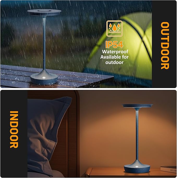 LED Cordless Table Lamp Rechargeable - Outdoor 6000mAh Battery Operated Portable Table Lights 3 Color Stepless Dimming Table Lamps with Memory Function for Patio Restaurant Dining Blue