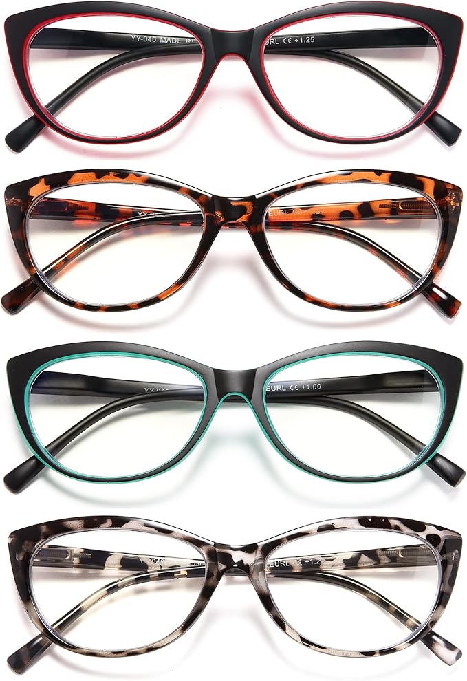 EYEURL 4 Pack Cat Eye Reading Glasses for Women, Blue Light Blocking Readers Lightweight Spring Hinge Anti Eyestrain UV Fashion Eyeglasses +4.00