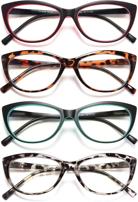 EYEURL 4 Pack Cat Eye Reading Glasses for Women, Blue Light Blocking Readers Lightweight Spring Hinge Anti Eyestrain UV Fashion Eyeglasses +4.00