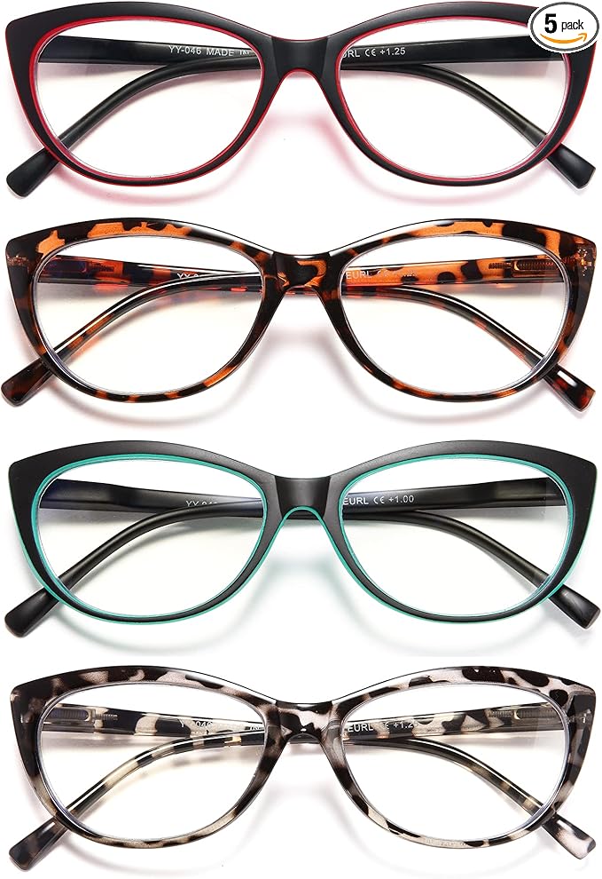 EYEURL 4 Pack Cat Eye Reading Glasses for Women, Blue Light Blocking Readers Lightweight Spring Hinge Anti UV Rays Fashion Eyeglasses +1.75