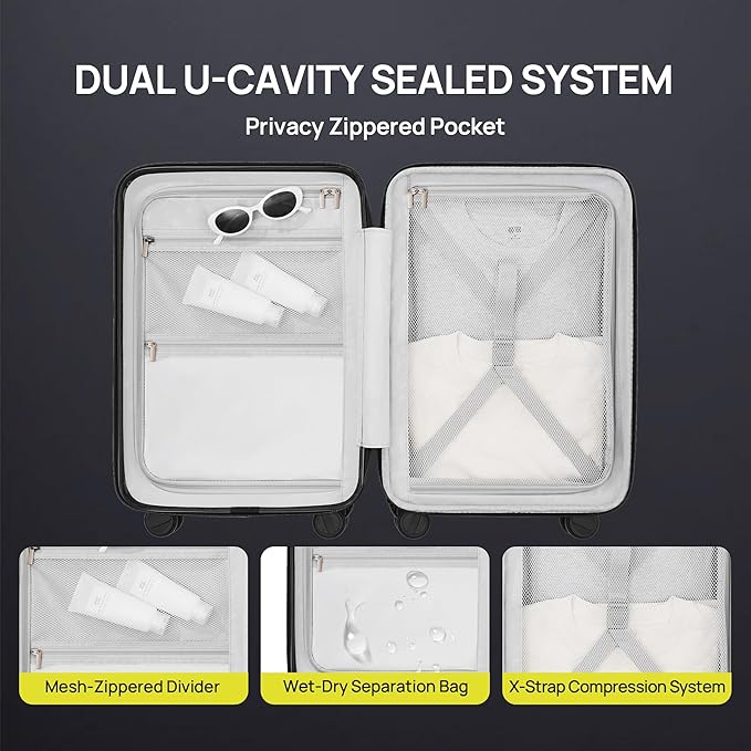 NINETYGO Carry on Luggage 22X14X9 Airline Approved with Front Laptop Pocket, 20 Inch Luggage with Front Compartment, Expandable, Double Spinner Wheels, Hardsided PC, TSA Lock (Black, Seine Max)