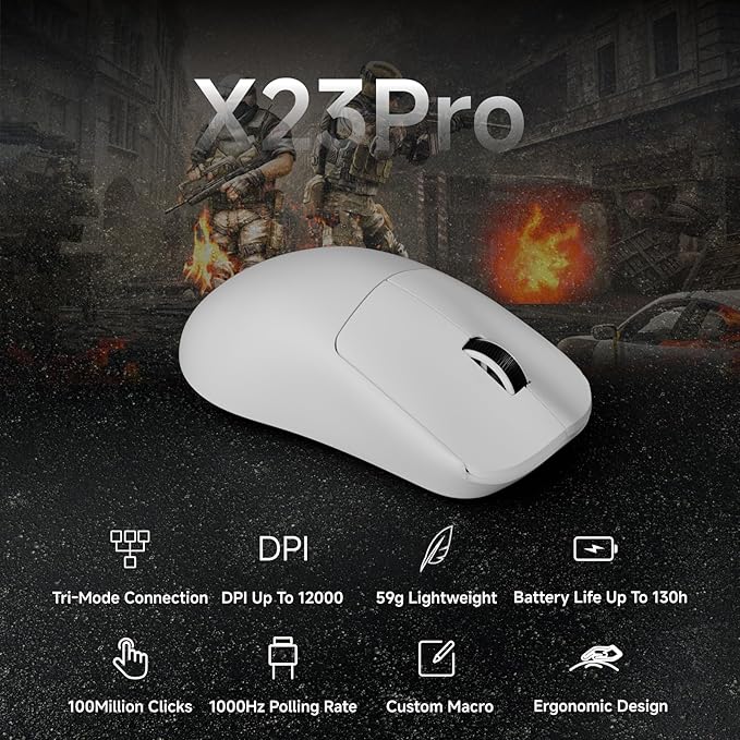 EWEADN X23Pro Wireless Gaming Mouse, 2.4G/BT5.0/USB-C Esports Gaming Mouse, 49g Lightweight Mouse Gaming, 12000 DPI Wireless Mouse with 6 Programmable Buttons,for Laptop/PC/Mac, White