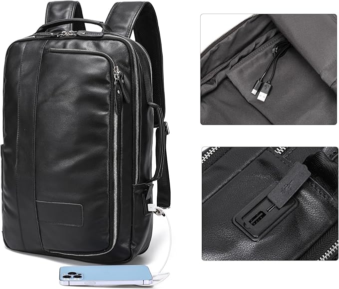 LANNSYNE Vegetable Tanned Leather Backpack for men, Expandable Leather Backpack Fits 15.6 Laptop, Tote Shoulder Travel Bag Rucksack