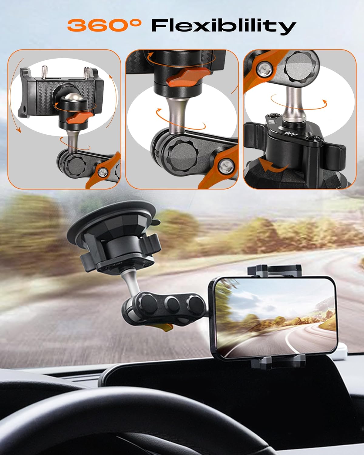chubbycable ChubbyGrip Pro Dash Mount Premium Metal Knobs Phone Holders for Your Car 360° Rotation Suction Cup Phone Mount for Windshield, Clamp, Orange