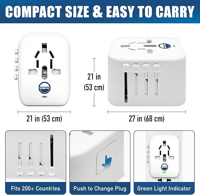 Cruise On Universal Travel Adapter, Cruise Approved (Incl. Royal Caribbean, Disney) - International Power Adapter [2 USB-C, 2 USB, AC] World Travel Plug Adapter Converter - USA, Italy, Europe, Asia