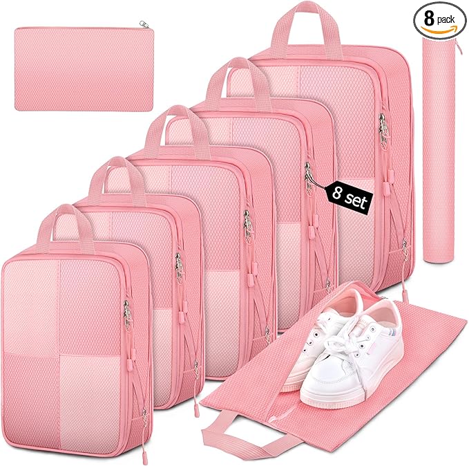 8 Set Compression Packing Cubes for Travel, Expandable Waterproof Travel Organizer, Lightweight Luggage Organizer with Shoes & Laundry Bags, Travel Accessories for Men Women, Pink