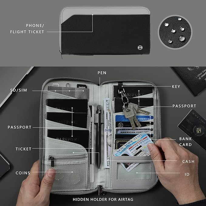 Travel Passport Holder for Family - RFID Large Travel Passport Wallet with Airtag & Card Holder Women Men, Lightweight Passport Cover Case Book Travel Document Organizer with Zipper Pocket,Black