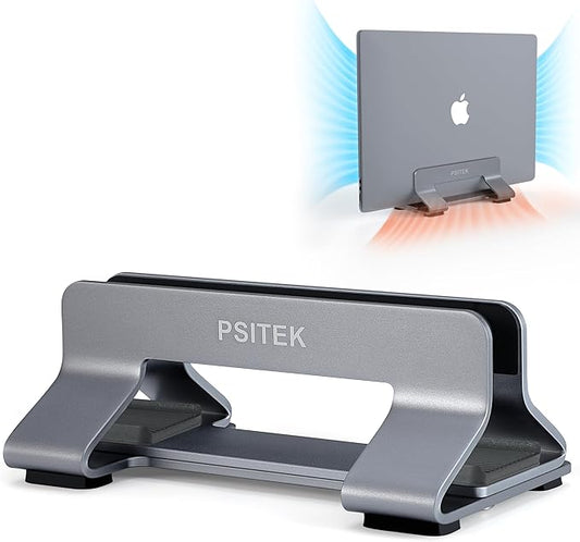 Aluminum Vertical Laptop Stand Dock Holder, Adjustable Slot Width 12-42mm, Space-Saving Upright Storage for MacBook and Laptops
