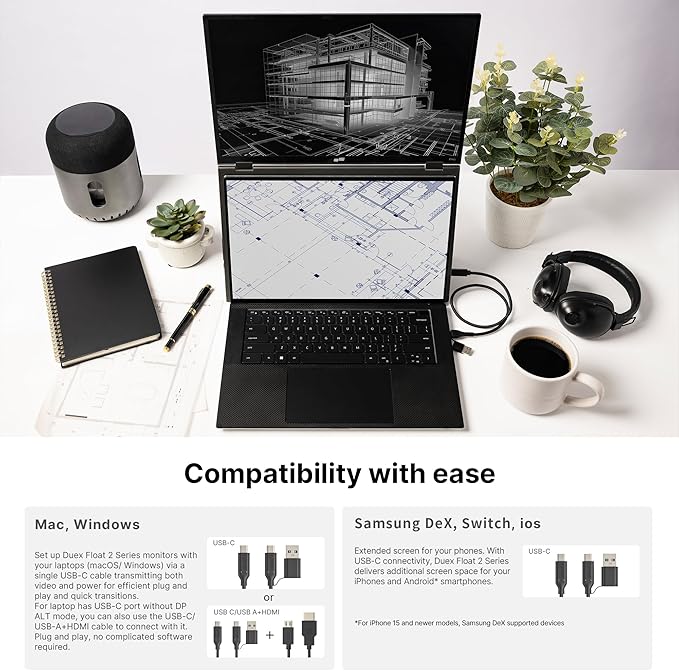 New Mobile Pixels Duex Float 2.0 Pro 2.5 K Portable Monitor, 16" Laptop Screen Extender (Built-in Kickstand), USB C/HDMI Stacked Monitor Extender with Dual Speakers, Windows, MacOS, Switch, Android