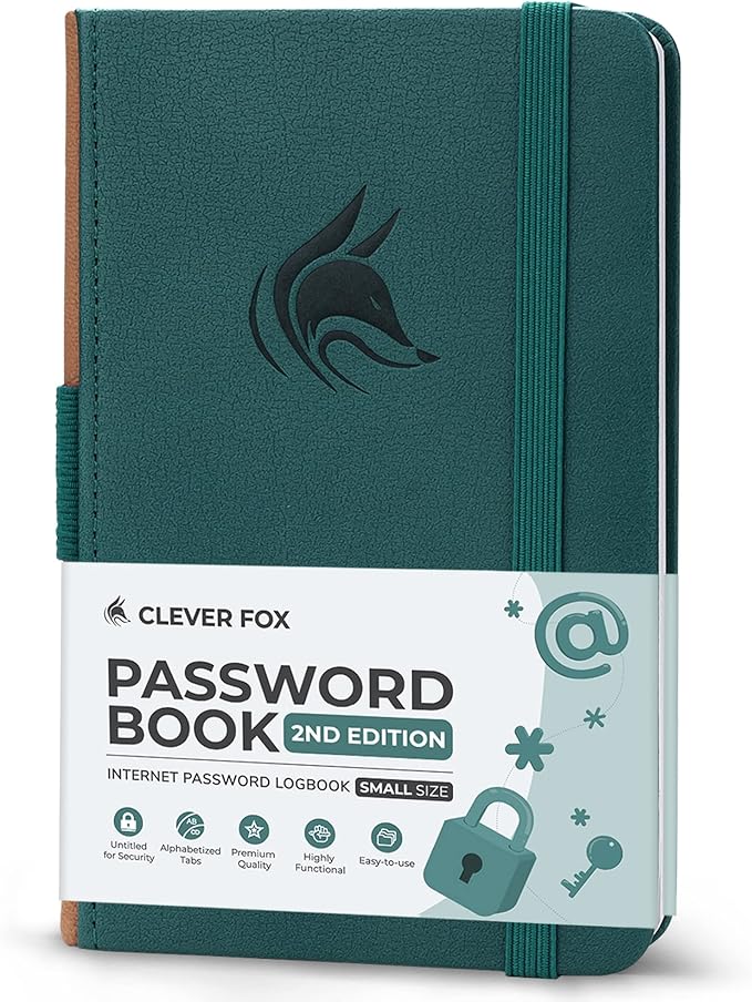Clever Fox Password Book 2nd Edition Small – Pocket Password Keeper with Alphabetical Tabs – Internet Address Notebook & Login Details Organizer Journal – 3.5x5.6” (Dark Teal)