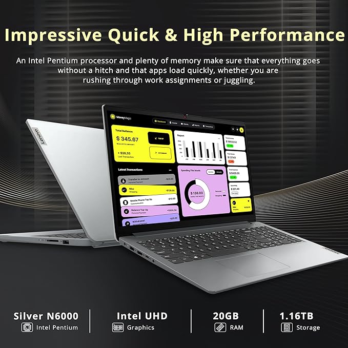 Lenovo IdeaPad 1 15.6" HD Laptop, Intel Pentium Silver N6000, 20GB RAM, 1.16TB Storage (1TB SSD+160GB Docking Station Set), Intel UHD Graphics, Num Pad, Webcam, 1 Year Office 365, Win 11 S, Gray