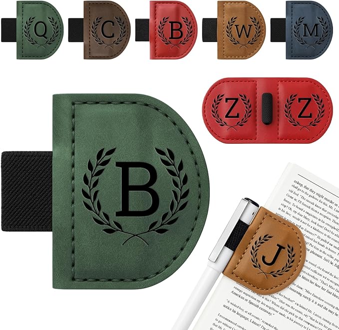 Personalized Bygone Mark Bookmark with Pen Holder,Engraving Leather Magnetic Bookmarks Vintage 26 Letters Name Initials Text Book Marker Clips Gifts for Reading Book Lovers Women (Green, B)